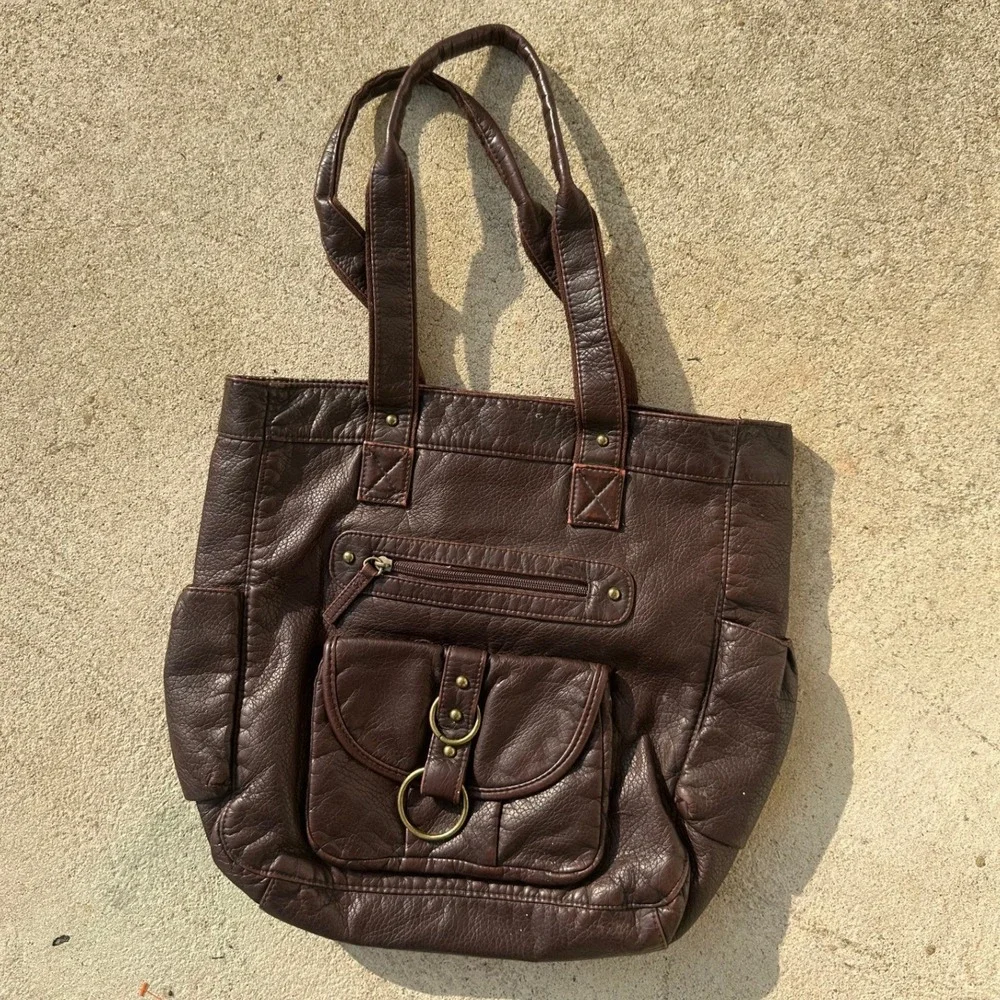 Slouchy Brown Faux Leather Tote Bag Shoulder Purse Boho Y2K Chocolate